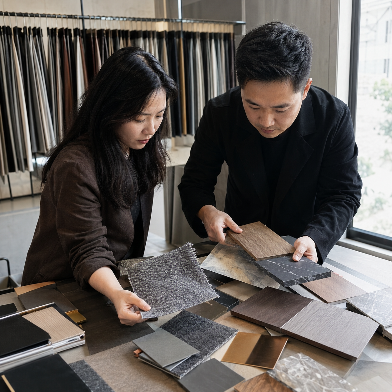 Interior designer reviewing materials and finishes