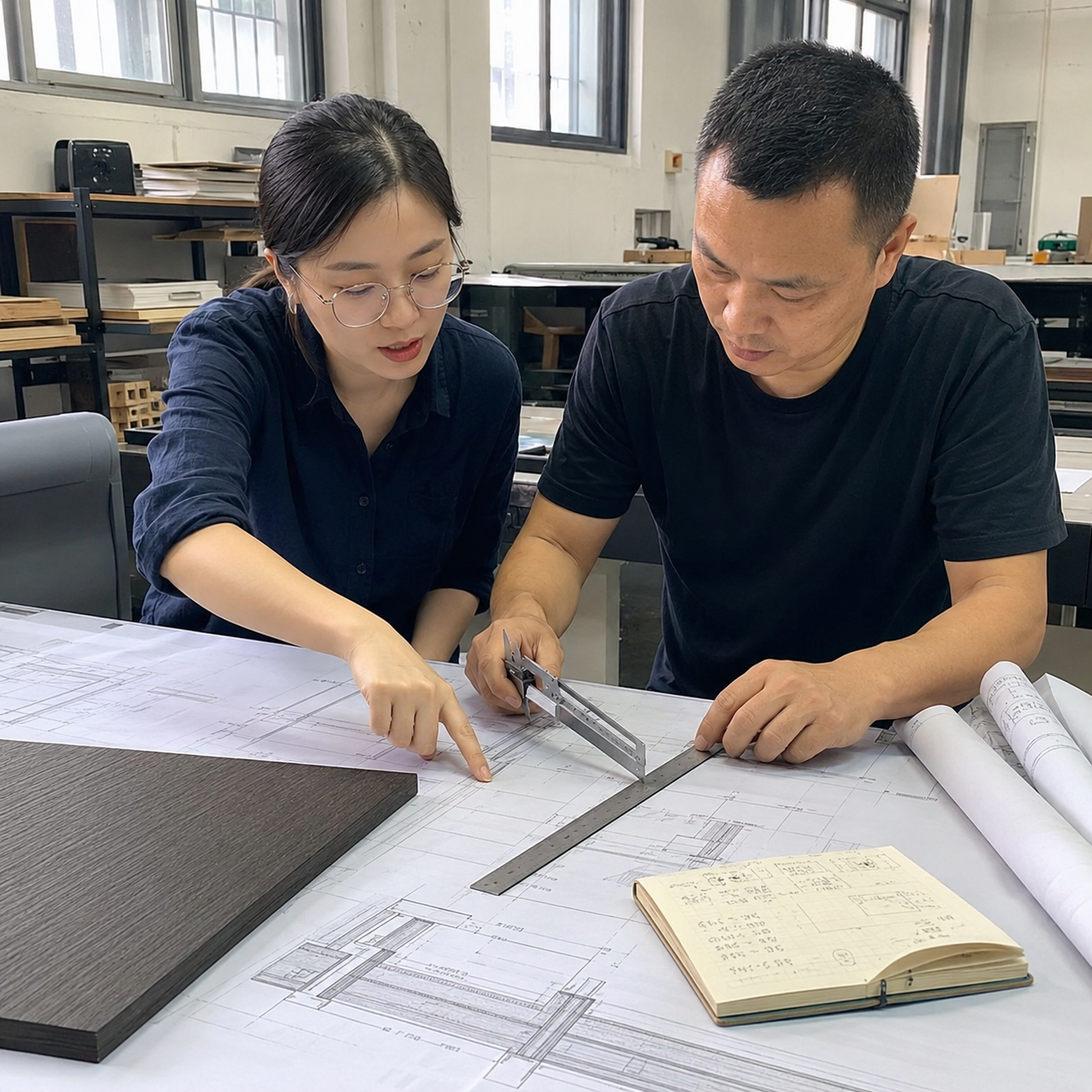 Design engineer reviewing technical drawings
